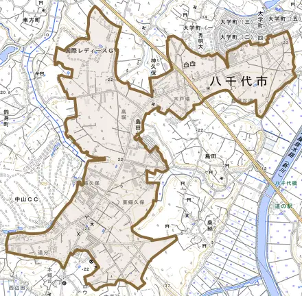 島田台とその周辺の地図。町の範囲を重ねている