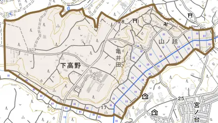 下高野とその周辺の地図。町の範囲を重ねている