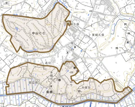 桑橋とその周辺の地図。町の範囲を重ねている