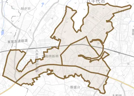 大和田新田とその周辺の地図。町の範囲を重ねている