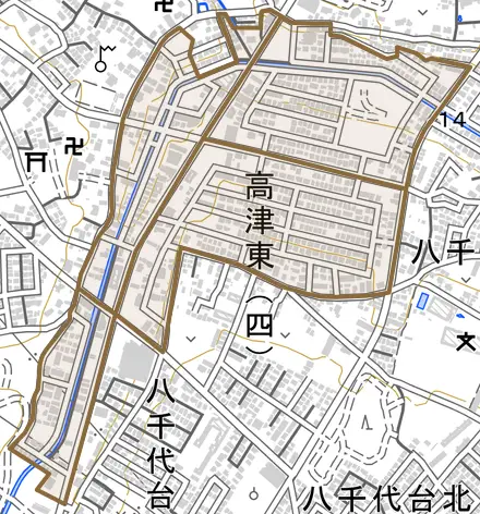高津東とその周辺の地図。町の範囲を重ねている