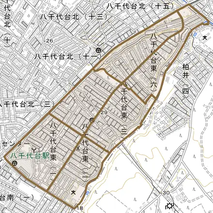 八千代台東とその周辺の地図。町の範囲を重ねている