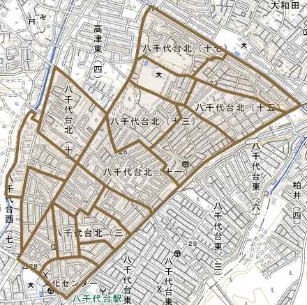 八千代台北とその周辺の地図。町の範囲を重ねている