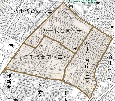 八千代台南とその周辺の地図。町の範囲を重ねている