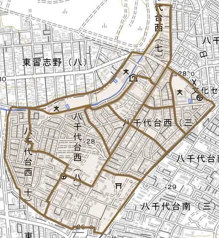 八千代台西とその周辺の地図。町の範囲を重ねている
