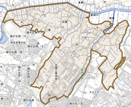 吉橋とその周辺の地図。町の範囲を重ねている
