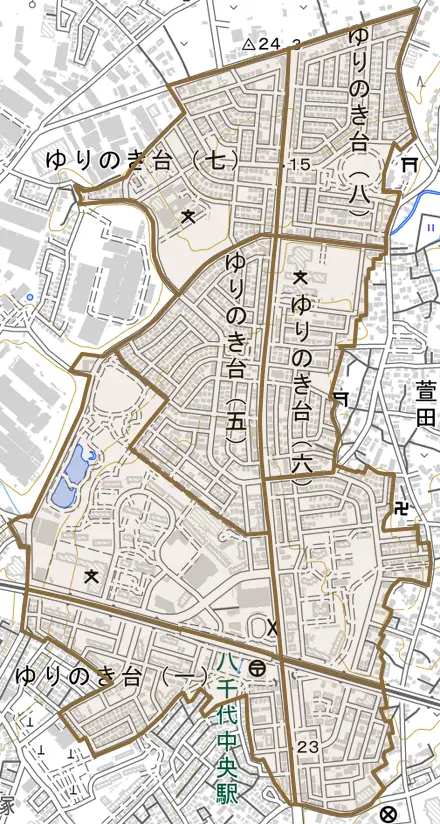 ゆりのき台とその周辺の地図。町の範囲を重ねている