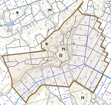 台とその周辺の地図。町の範囲を重ねている