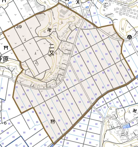 二又とその周辺の地図。町の範囲を重ねている