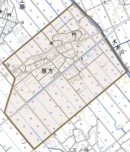 原方とその周辺の地図。町の範囲を重ねている