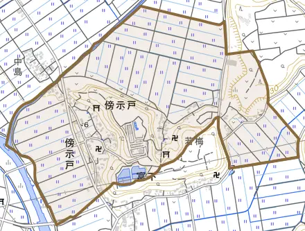 傍示戸とその周辺の地図。町の範囲を重ねている