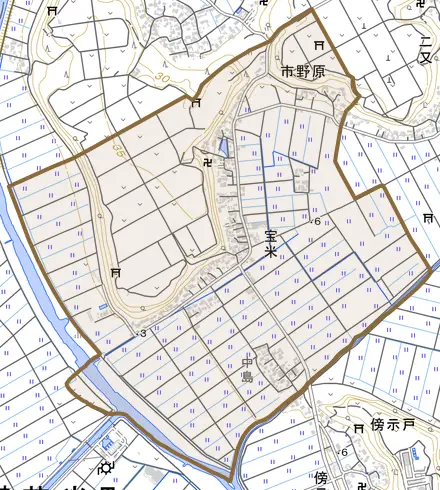 宝米とその周辺の地図。町の範囲を重ねている