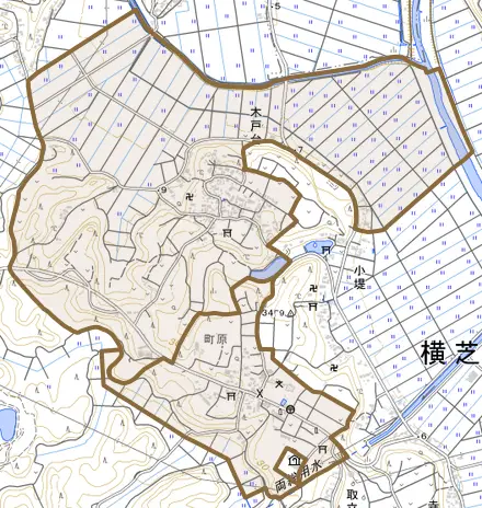 木戸台とその周辺の地図。町の範囲を重ねている