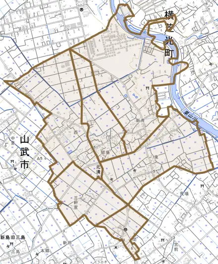 北清水とその周辺の地図。町の範囲を重ねている