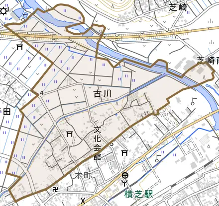 古川とその周辺の地図。町の範囲を重ねている