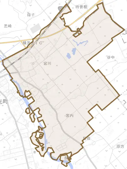 宮川とその周辺の地図。町の範囲を重ねている