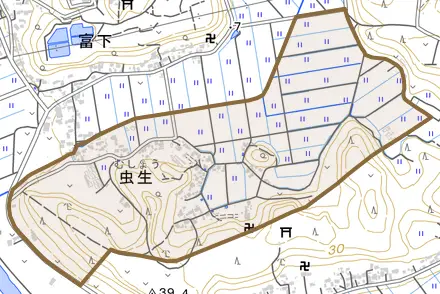 虫生とその周辺の地図。町の範囲を重ねている