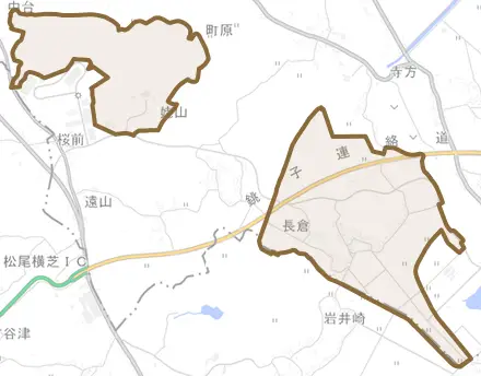 長倉とその周辺の地図。町の範囲を重ねている
