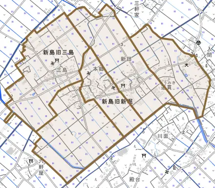 新島とその周辺の地図。町の範囲を重ねている