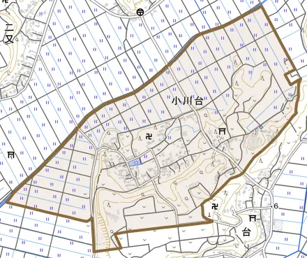 小川台とその周辺の地図。町の範囲を重ねている