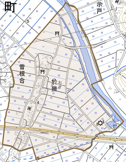 於幾とその周辺の地図。町の範囲を重ねている