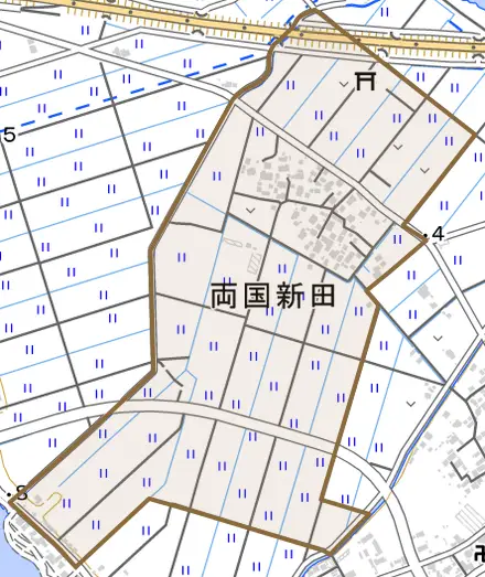 両国新田とその周辺の地図。町の範囲を重ねている