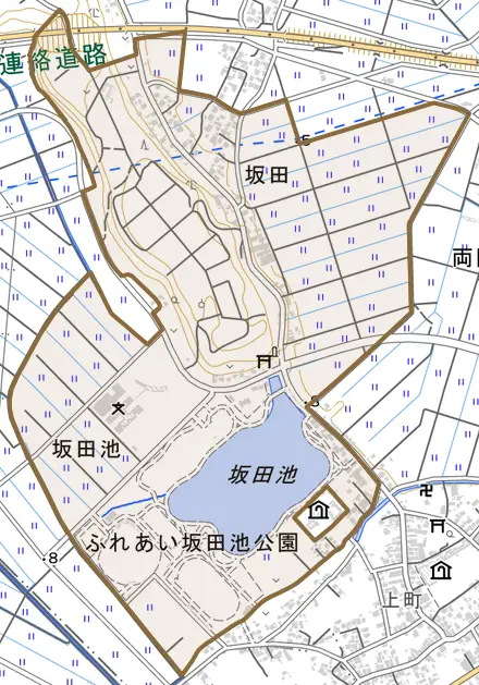 坂田とその周辺の地図。町の範囲を重ねている