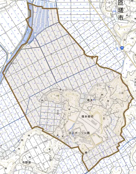 篠本とその周辺の地図。町の範囲を重ねている