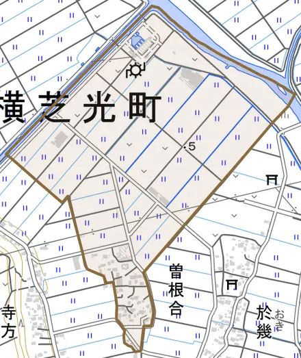 曽根合とその周辺の地図。町の範囲を重ねている