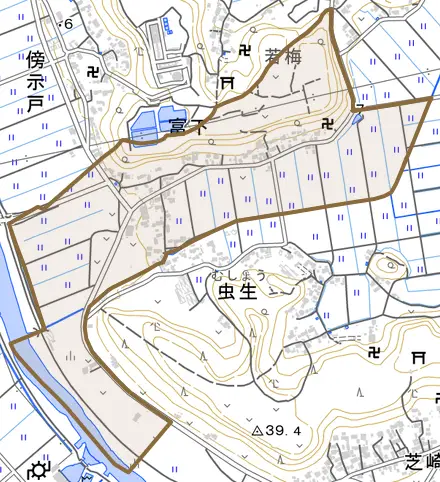 富下とその周辺の地図。町の範囲を重ねている