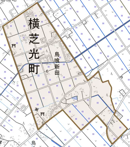 鳥喰新田とその周辺の地図。町の範囲を重ねている