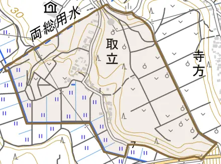 取立とその周辺の地図。町の範囲を重ねている
