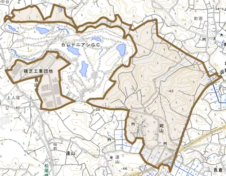 姥山とその周辺の地図。町の範囲を重ねている