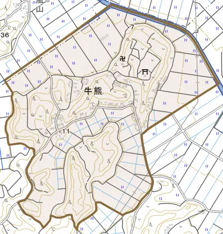 牛熊とその周辺の地図。町の範囲を重ねている
