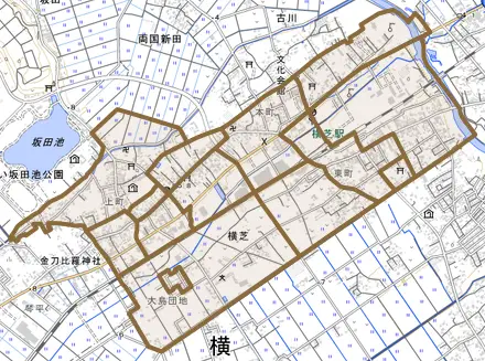 横芝とその周辺の地図。町の範囲を重ねている