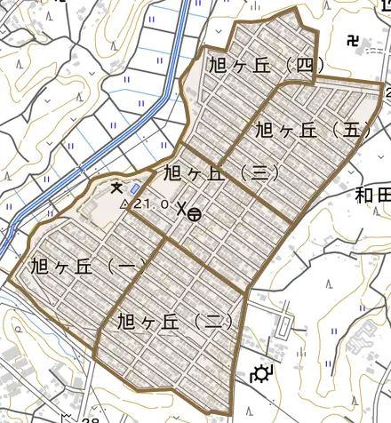 旭ケ丘とその周辺の地図。町の範囲を重ねている
