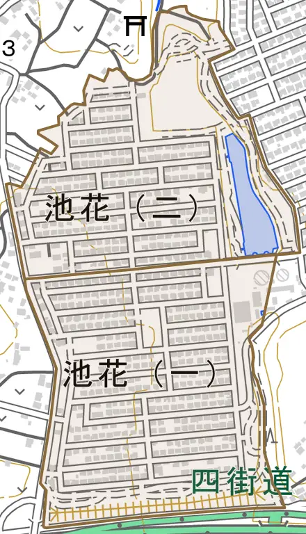 池花とその周辺の地図。町の範囲を重ねている