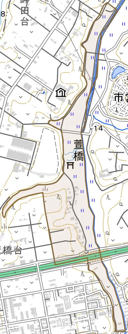 萱橋とその周辺の地図。町の範囲を重ねている