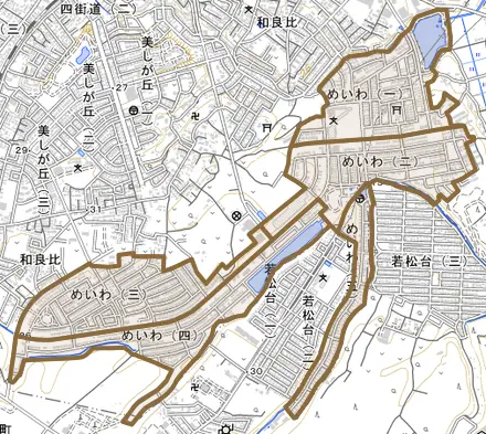 めいわとその周辺の地図。町の範囲を重ねている