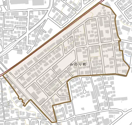 みのり町とその周辺の地図。町の範囲を重ねている