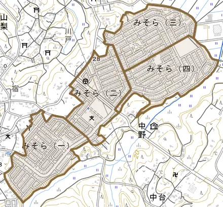 みそらとその周辺の地図。町の範囲を重ねている