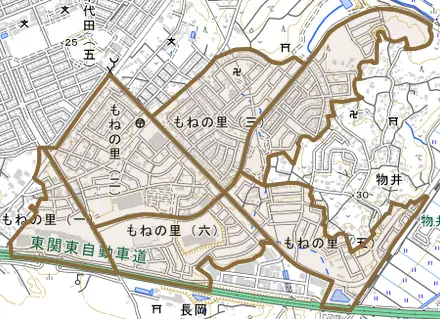 もねの里とその周辺の地図。町の範囲を重ねている
