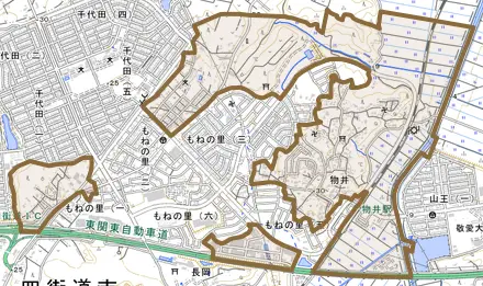 物井とその周辺の地図。町の範囲を重ねている