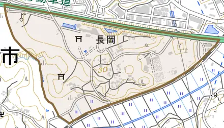 長岡とその周辺の地図。町の範囲を重ねている