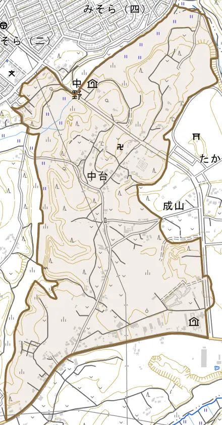 中台とその周辺の地図。町の範囲を重ねている