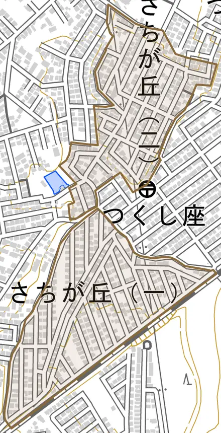 さちが丘とその周辺の地図。町の範囲を重ねている
