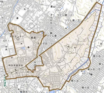 鹿渡とその周辺の地図。町の範囲を重ねている