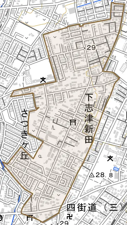 下志津新田とその周辺の地図。町の範囲を重ねている