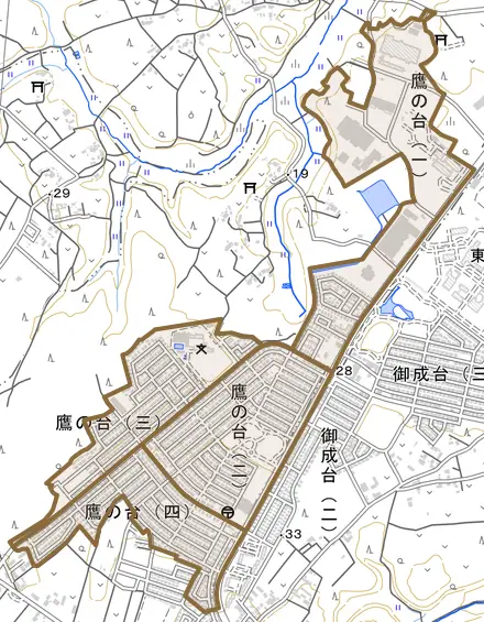 鷹の台とその周辺の地図。町の範囲を重ねている