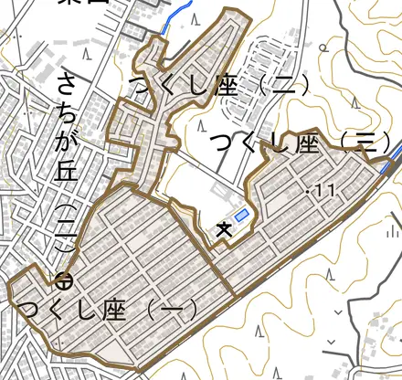 つくし座とその周辺の地図。町の範囲を重ねている